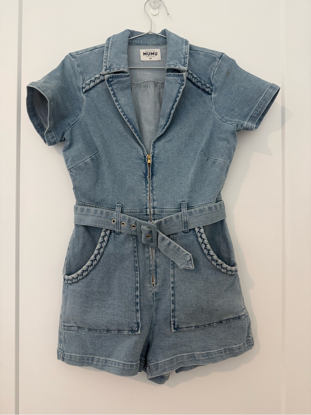Show Me Your MuMu Light Blue Denim Belted Romper